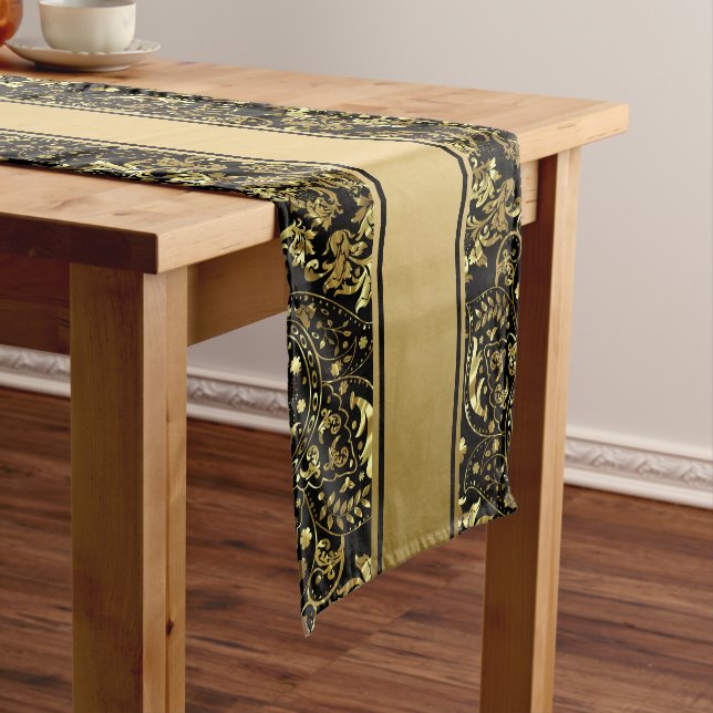 Chemin De Table Long Elégant Or Et Noir Floral Dentelle & Stripes (In Situ)