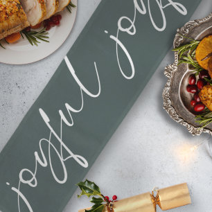 Chemin De Table Long Festif Joyful White Calligraphy Dark Green