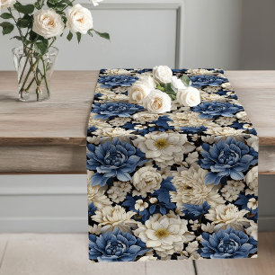 Chemin De Table Long Fleurs Bleu Nuit Élégant Décor de Table Runner