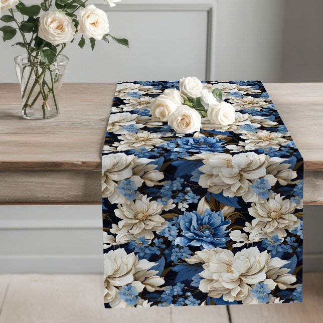 Chemin De Table Long Fleurs bleues et blanches décoration d'intérieur c (Blue and white flowers chic modern home decor table runner

)