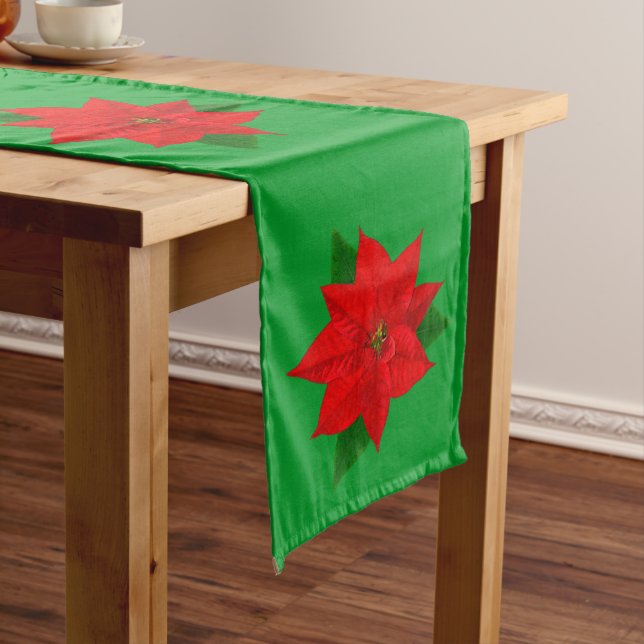 Chemin De Table Long Fleurs de poinsettia rouges de Noël sur fond vert (In Situ)