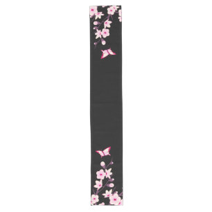 Chemin De Table Long Fleurs florales de cerisiers Papillons rose Noir