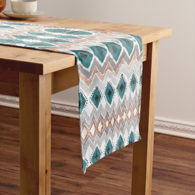 Chemin De Table Long Gris turquoise de pêche de diamant de Boho Chevron (In Situ)