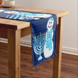 Chemin De Table Long Hanoukka Juif Snowman Et Blue Menorah Holiday<br><div class="desc">Un arrière - plan rayé bleu foncé démarre ce bonhomme de neige et Menorah pour une coutume d'un joli coureur de table Hanoukka. Personnalisez-le maintenant ! Placez la table de fête ou présentez le buffet pour le dîner en famille pendant la saison des Fêtes des Lumières. Des objets correspondants tels...</div>