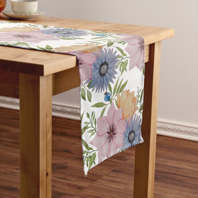 Chemin De Table Long Jardin printanier aquarelle bleue (In Situ)