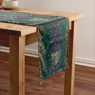 Chemin De Table Long Mandala celtique de coeur en vert et original d'or