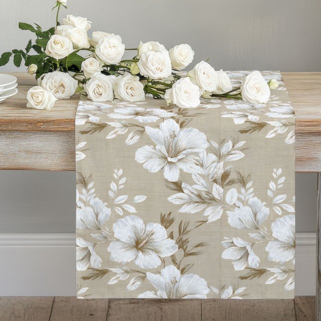 Chemin De Table Long Minimalist White Flowers Taupe Table Runner (Minimalist White Flowers Taupe Table Runner)
