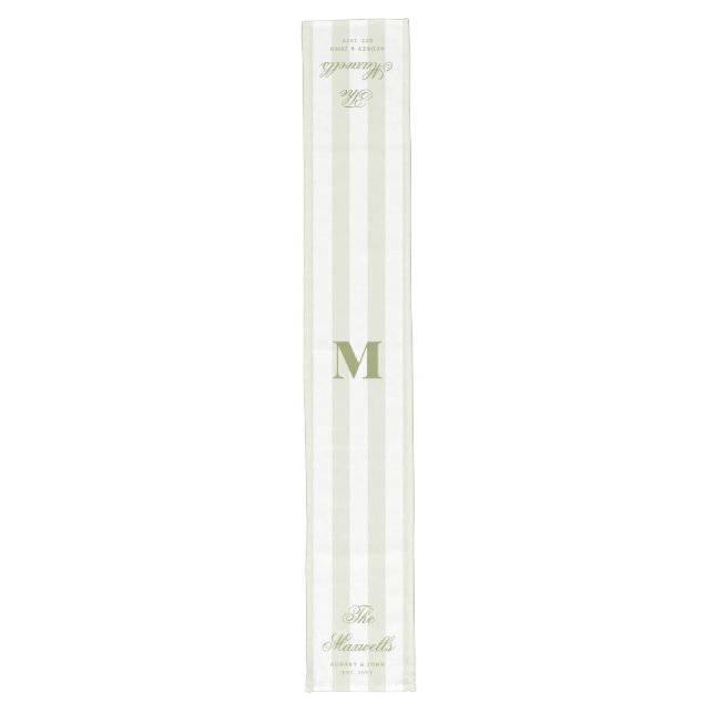 Chemin De Table Long Monogram Rétro Vert Blanc Rayures Script Mariage (Devant)