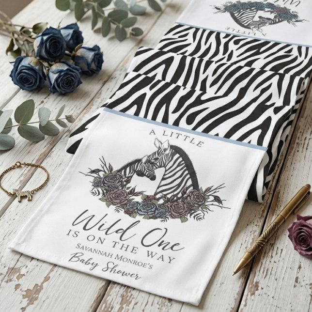 Chemin De Table Long Moody Zebra Safari Little Wild One (Chic moody zebra safari little wild one table runner steel blue roses for baby shower tablescape)
