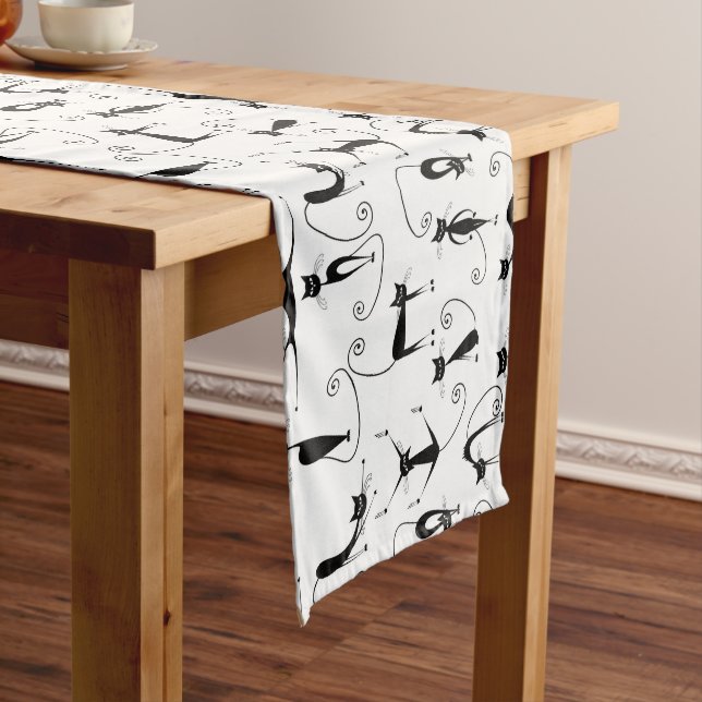 Chemin De Table Long Motif de chat noir élancé fantaisiste (In Situ)