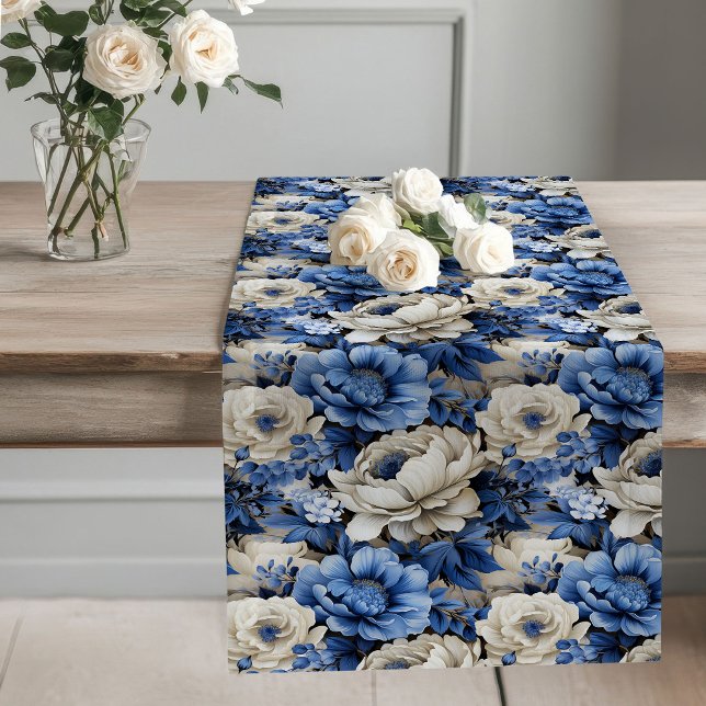 Chemin De Table Long Navy Blue Flowers Ivory Floral Table Runner (Navy Blue Flowers Ivory Floral Table Runner)