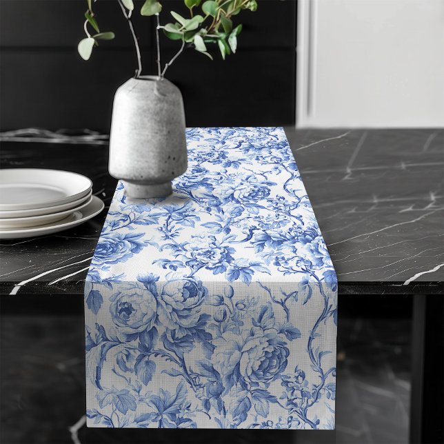 Chemin De Table Long Navy Blue French Toile Roses Floral Table Runner (Navy Blue French Toile Roses Floral Table Runner)