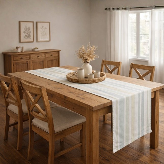 Chemin De Table Long Neutral Dusty Blue Striped | Rustic Farmhouse (Créateur téléchargé)