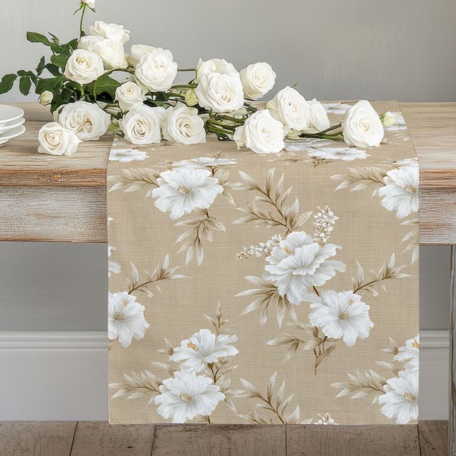 Chemin De Table Long Neutral white floral taupe beige chic dining table (Neutral white floral taupe beige chic dining table runner

)