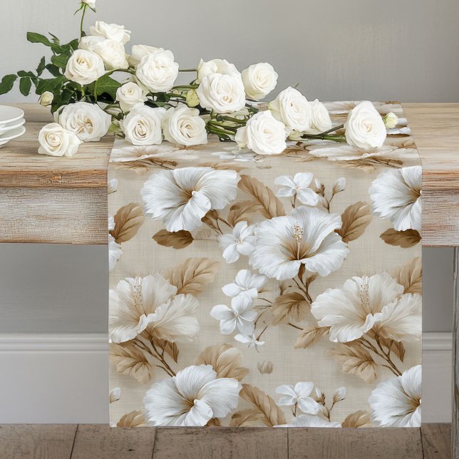 Chemin De Table Long Neutral White Flowers Ivory Beige Table Runner (Neutral White Flowers Ivory Beige Table Runner)