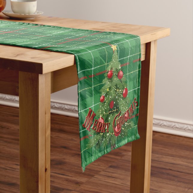 Chemin De Table Long Noël Plaid vert avec rouge, or, blanc (In Situ)