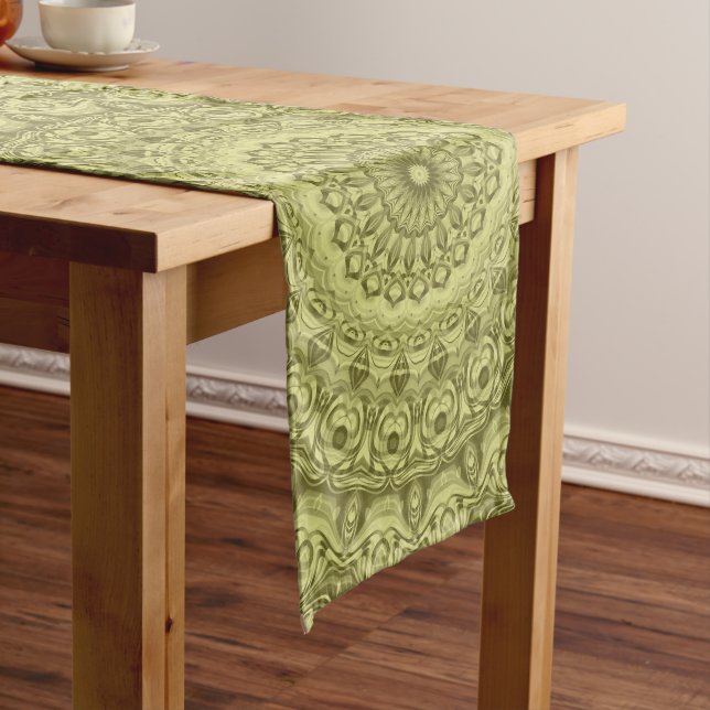 Chemin De Table Long Olive Green Mandala Motif Design (In Situ)
