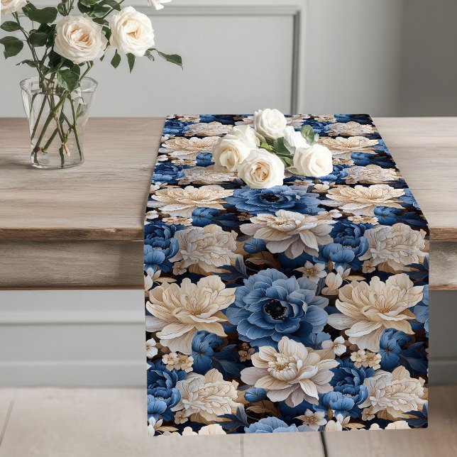 Chemin De Table Long Opulent Blue and Ivory Floral Table Runner (Opulent Blue and Ivory Floral Table Runner)