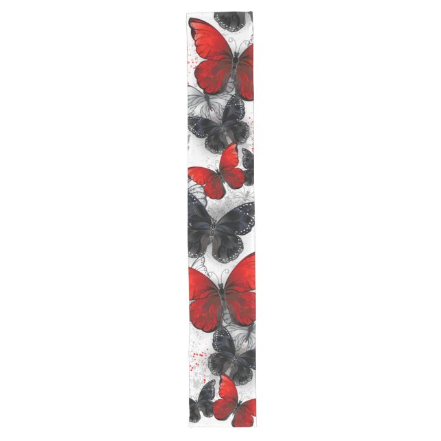 Chemin De Table Long Papillons Morpho Noirs et Rouges en Vol (Devant)