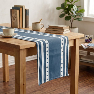 Chemin De Table Long Rayures Bleues et Blanches Patriotiques avec Étoil