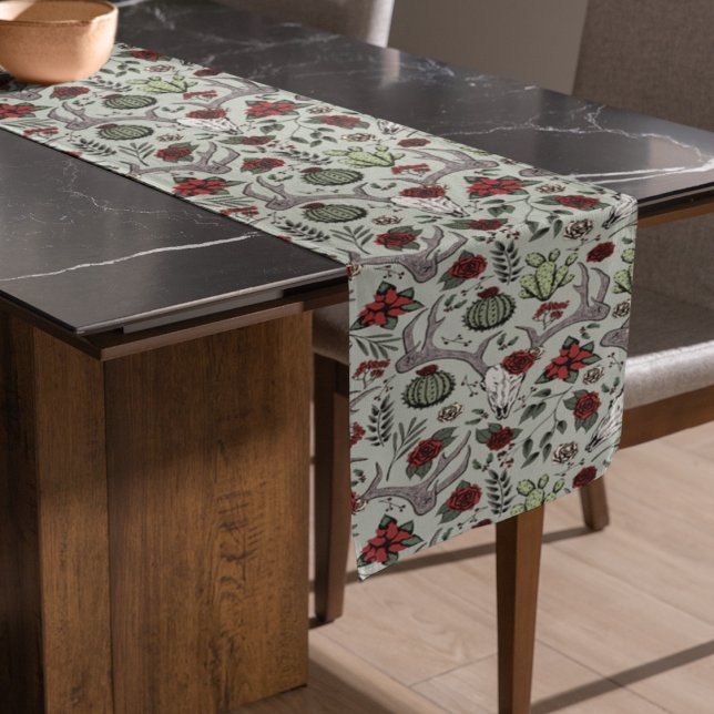Chemin De Table Long Red and Green Country Cowgirl Christmas Antlers (Festive Southwestern Christmas Table Runner. Deer Skull, Antlers, Red Roses, Cacti & Poinsettias.)