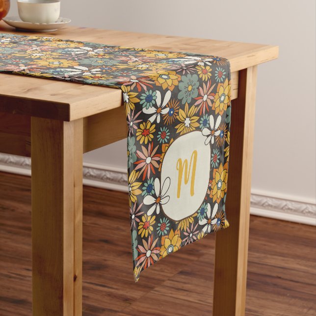 Chemin De Table Long Retro Floral Brown Gold Turquoise Personnalisé (In Situ)