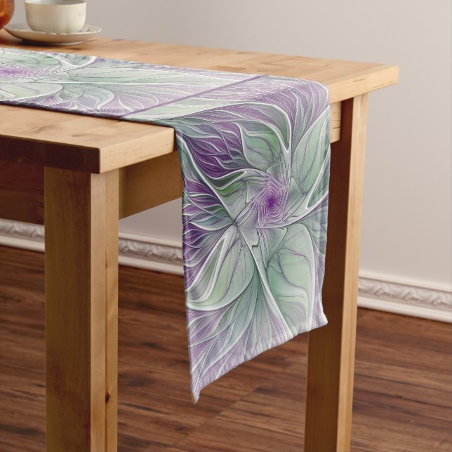 Chemin De Table Long Rêve de fleurs, Abstrait violet vert Fractal Art (In Situ)