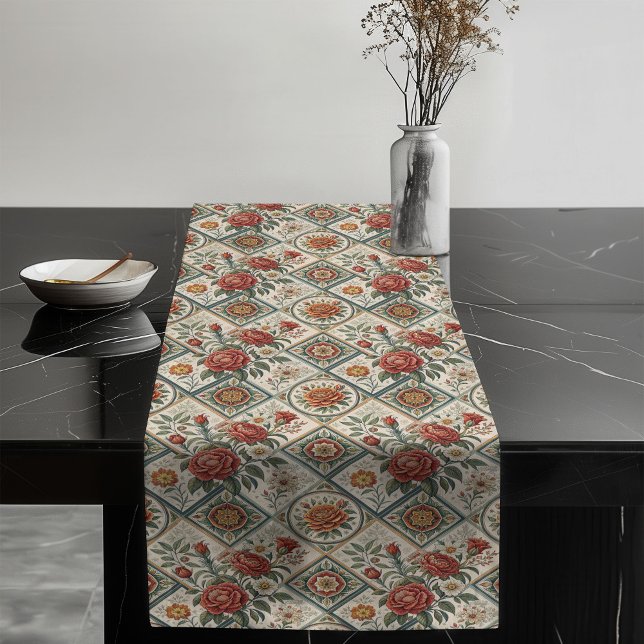 Chemin De Table Long Romantique Shabby Chic Roses rouges et carreaux ve (Romantic Shabby Chic Red Roses and Green Tiles Long Table Runner)