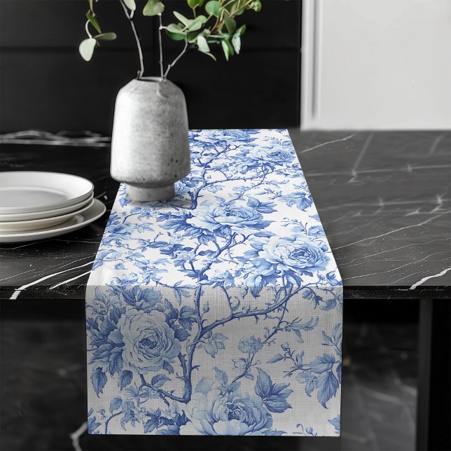 Chemin De Table Long Royal Blue French Toile Roses Floral Table Runner (Royal Blue French Toile Roses Floral Table Runner)