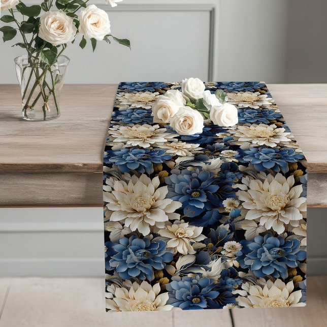 Chemin De Table Long Salle à manger élégante et stylée avec fleurs en i (Navy blue ivory floral stylish elegant dining table runner

)