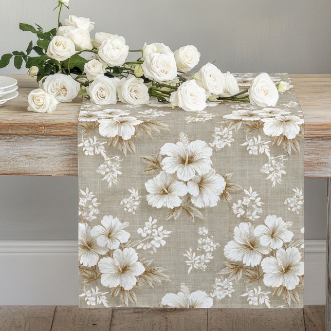 Chemin De Table Long Table moderne aux tons neutres de floraison tropic (White tropical floral neutral tones modern table runner

)