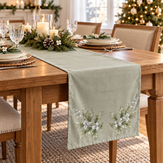 Chemin De Table Long Tapis de table de Noël en vert sauge avec houx pou