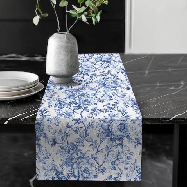 Chemin De Table Long Timeless Blue French Toile Roses Floral Table Runn (Timeless Blue French Toile Roses Floral Table Runner)