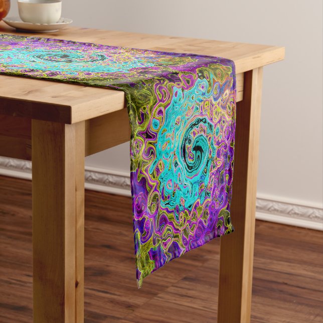 Chemin De Table Long Tourbillon Liquide Rétro Abstrait Groovy Bleu Aqua (In Situ)