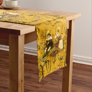 Chemin De Table Long Vintage French Gold Yellow Toile Victorian Floral