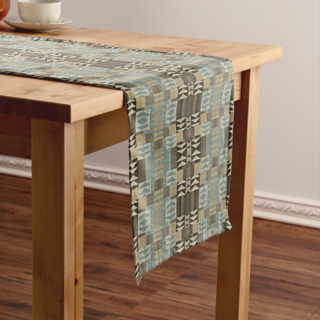 Chemin De Table Moyen Beige Turquoise Bleu Vert Taupe Brown Motif tribal (In Situ)
