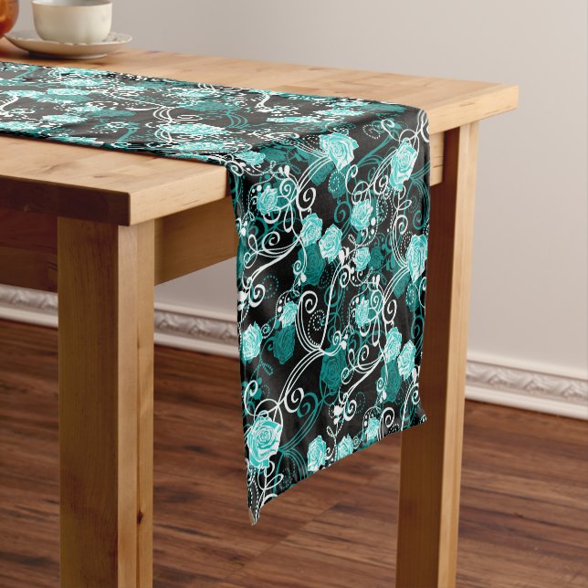 Chemin De Table Moyen Black Turquoise & Blanc Rose tendance Floral (In Situ)