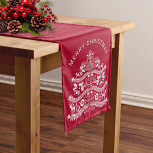 Chemin De Table Moyen Blanc sur Rouge Scandinave Folk Art Arbre de Noël
