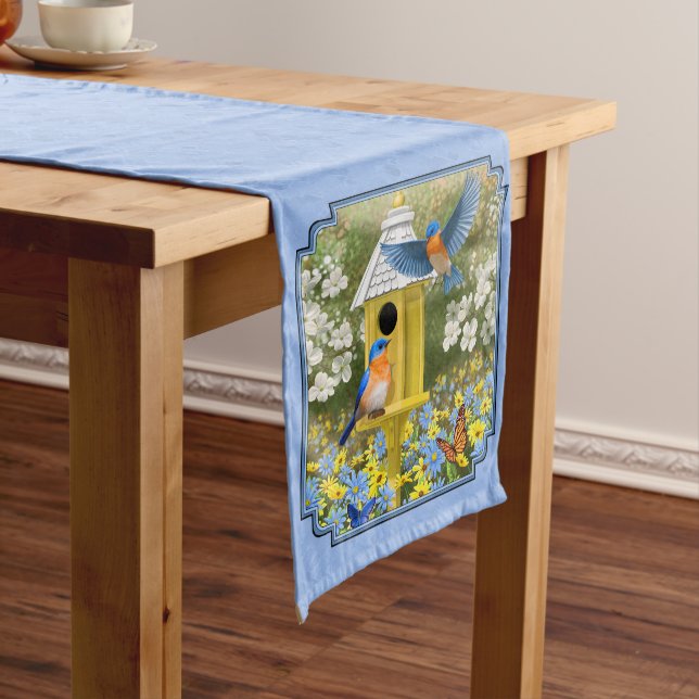 Chemin De Table Moyen Bluebirds et Hexagon Birdhouse Blue (In Situ)