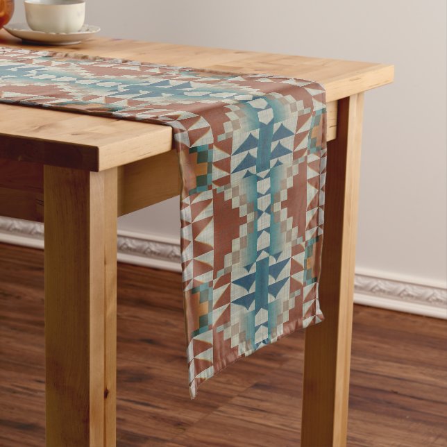 Chemin De Table Moyen Brûlé Orange Taupe Brown Turquoise Bleu Art Tribal (In Situ)