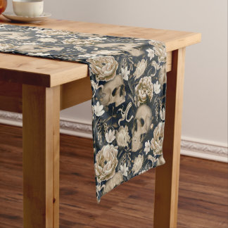 Chemin De Table Moyen Fleurs gothiques vintage crânes pivoines papillons