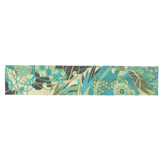 Chemin De Table Moyen FLEURS JAPONAISES ANCIENNES Aqua Blue Green Floral (Horizontal)