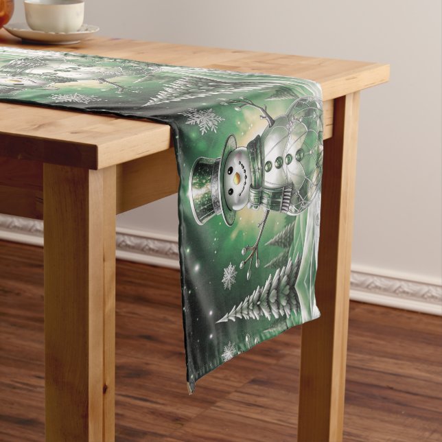 Chemin De Table Moyen Green Snowman Snowflakes Holiday Table Runner (In Situ)