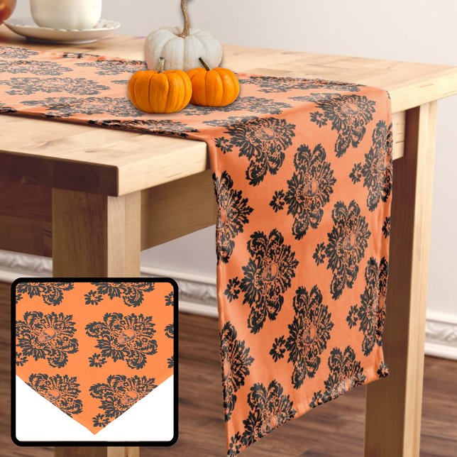 Chemin De Table Moyen Halloween Crâne orange noir gothique Damas motif (Créateur téléchargé)