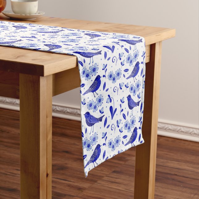 Chemin De Table Moyen Happy Bluebird Folk Art Motif (In Situ)