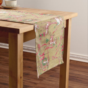 Chemin De Table Moyen Joli renne de Noël, Ruban rouge, Vintage,