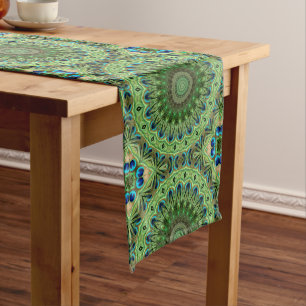 Chemin De Table Moyen Mandala de plumes de paon Symétrie émeraude et ble