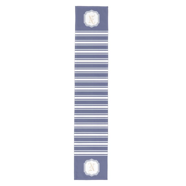 Chemin De Table Moyen Monogrammé Double Rayé | Bleu Nuit  (Devant)