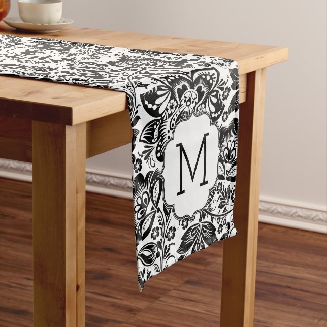 Chemin De Table Moyen Monogramme noir & blanc Baroque Damas (In Situ)