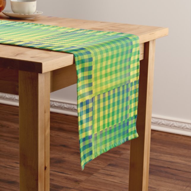 Chemin De Table Moyen Motif Abstrait à Damier Vert Bleu (In Situ)